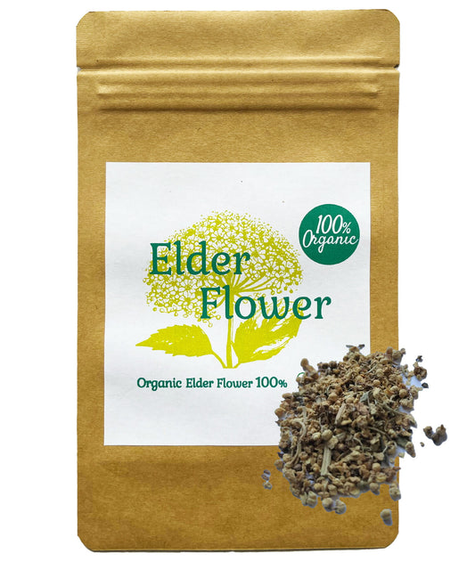 【新商品レビューキャンペーン対象】100%オーガニック ドライ エルダーフラワー / Elder Flower 100g セイヨウニワトコ ケルセチン フラボノイド クロロゲン酸  リラックス ハーブ ティー 風邪 花粉症 発熱 インフルエンザ アーユルヴェーダ