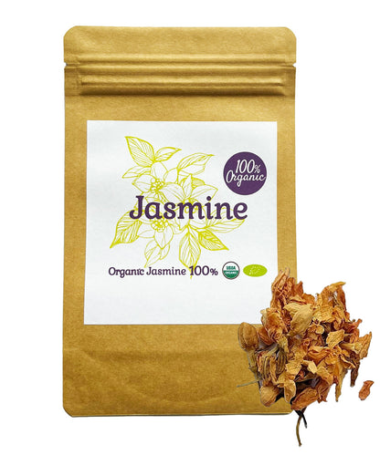 【新商品レビューキャンペーン対象】100%オーガニック ドライ ジャスミン / Dry Jasmine 100g 茉莉花 リナロール カリウム カルシウム マグネシウム リン リナロール ベンゼルアセテート ハーブティー アーユルヴェーダ リラックス 眠り 不安